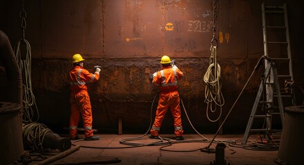 Two industrial workers in orange coveralls and hard hats perform maintenance inside a large, rusty vessel.