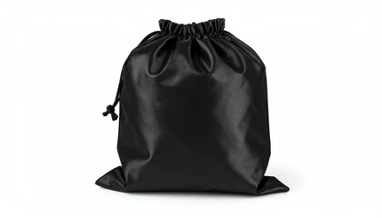 Black drawstring bag mockup isolated on white background, perfect for branding, packaging, merchandise, or promotional design presentations.