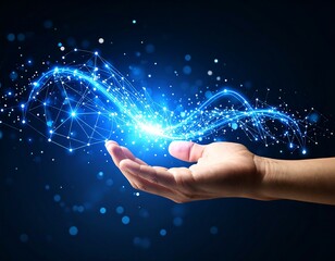 Glowing blue energy network held in a hand against a dark background
