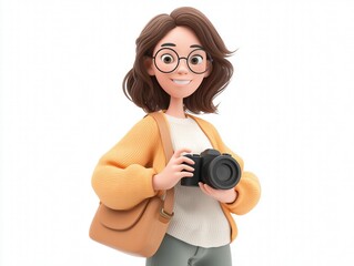 Obraz premium 3D Cartoon Woman Holding DSLR Camera and Lens Bag, Ready-to-Shoot Pose Isolated on White Background, Stylized Render