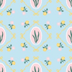 Cute plants seamless pattern in blue color