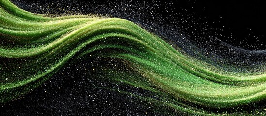 Abstract swirls of emerald green and gold, against a black background with specks
