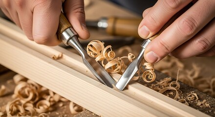Artisan woodworking: Hands meticulously shaping wood with chisels creating delicate curls
