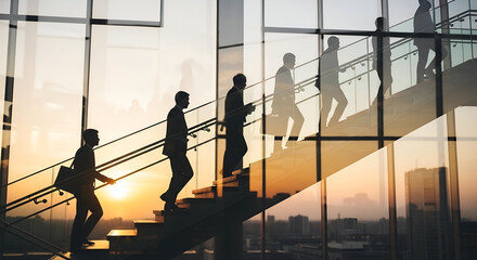 Silhouetted Figures Ascending Glass Staircase Against Vibrant Sunset in Urban Cityscape