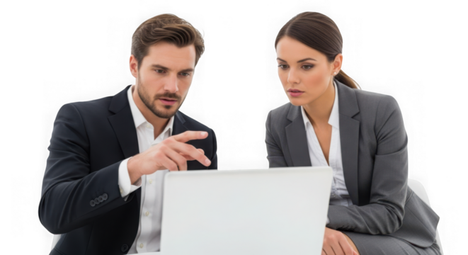 Business colleagues working together on a laptop in the office discussing a project for success isolated on transparent background