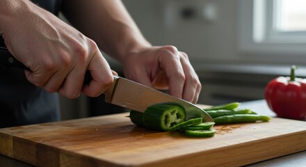 Close-up of Hands Slicing Fresh Green Jalapenos on a Wooden Cutting Board with Red Pepper