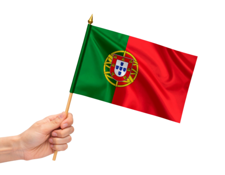 Hand Holding Small Portugal Flag on Stick, isolated on a transparent background.