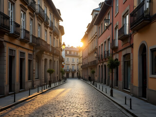 Naklejka premium Empty cobblestone street at sunrise European architecture buildings warm orange and beige tones sunlight shadows tranquil morning scene quiet urban landscape