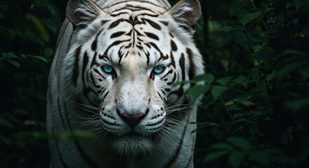 Majestic White Tiger with Striking Cyan Eyes Emerging from Dark Foliage