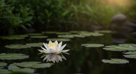A white water lily blooms on a pond, surrounded by lily pads, reflecting in the dark water.