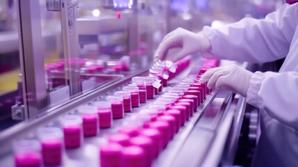 Pharmaceutical production line with hands packaging medicine
