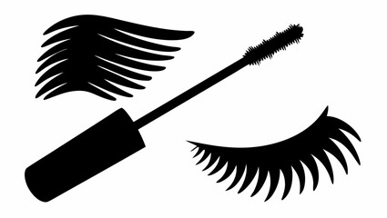 Illustration of a mascara wand applicator with eyelashes and eyebrow shapes in black and white style silhouette