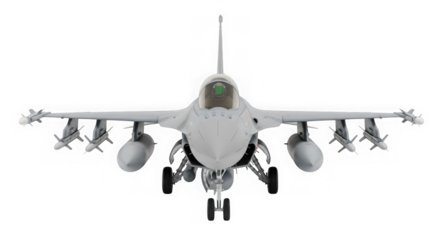 Front view of a modern military fighter jet ready for takeoff showcasing its powerful design and advanced technology isolated on transparent background