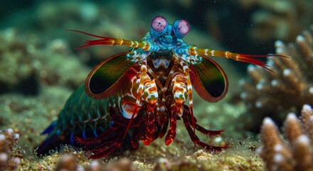Vibrant Peacock Mantis Shrimp with Striking Eyes and Ornate Appendages on Coral Reef