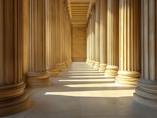 Ancient Classical Columns in Sunlit Museum Hall with Shadows and Warm Light