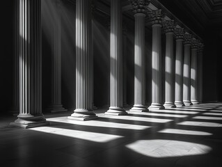 Fototapeta premium Classical Columns Interior with Sunlight Shadows in Historic Building