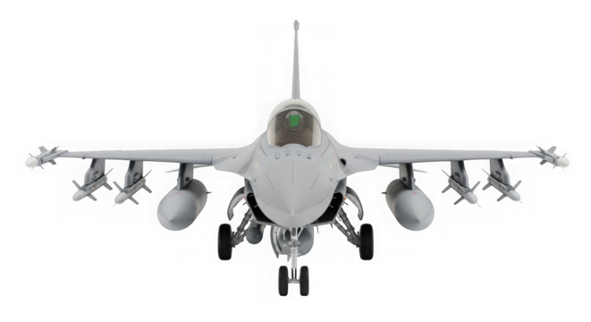 Front view of a modern military fighter jet ready for takeoff showcasing its powerful design and advanced technology isolated on transparent background