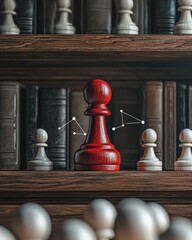 Red Chess Pawn Standing Out Among White Pawns on Bookshelf - Strategy Concept chess pawn red white