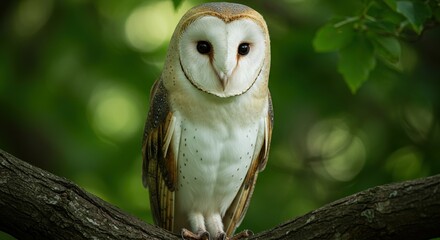 A Barn Owl's Piercing Gaze from a Tree Branch Against a Lush Green Forest Bokeh
