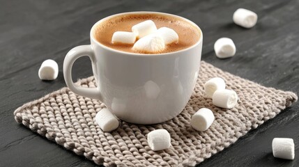 A cup of hot chocolate with marshmallows on top, sitting on a knitted placemat.