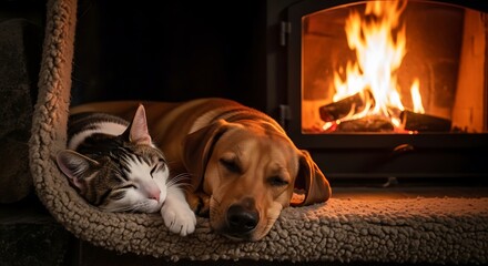 Naklejka na ściany i meble Cozy evening with pets cat and dog sleeping near the fireplace a warm and inviting scene of domestic bliss