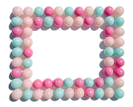 A colorful frame made of pink, blue, and white round balloons on a transparent background. The frame is isolated and suitable for various design purposes.