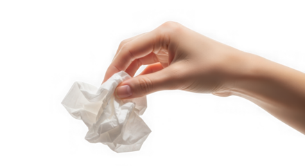 Close up of a womans hand holding a crumpled white tissue against a transparent background in studio lighting