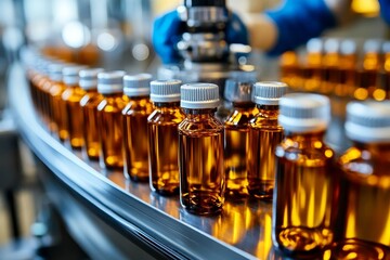 Pharmaceutical factory worker inspecting medical vials on a production line conveyor belt for a healthcare medication manufacturing company. Drug factory quality control, Generative AI