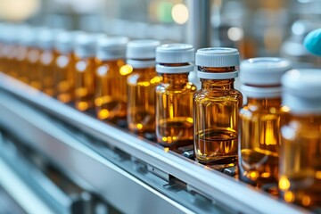 Pharmaceutical factory worker inspecting medical vials on a production line conveyor belt for a healthcare medication manufacturing company. Drug factory quality control, Generative AI
