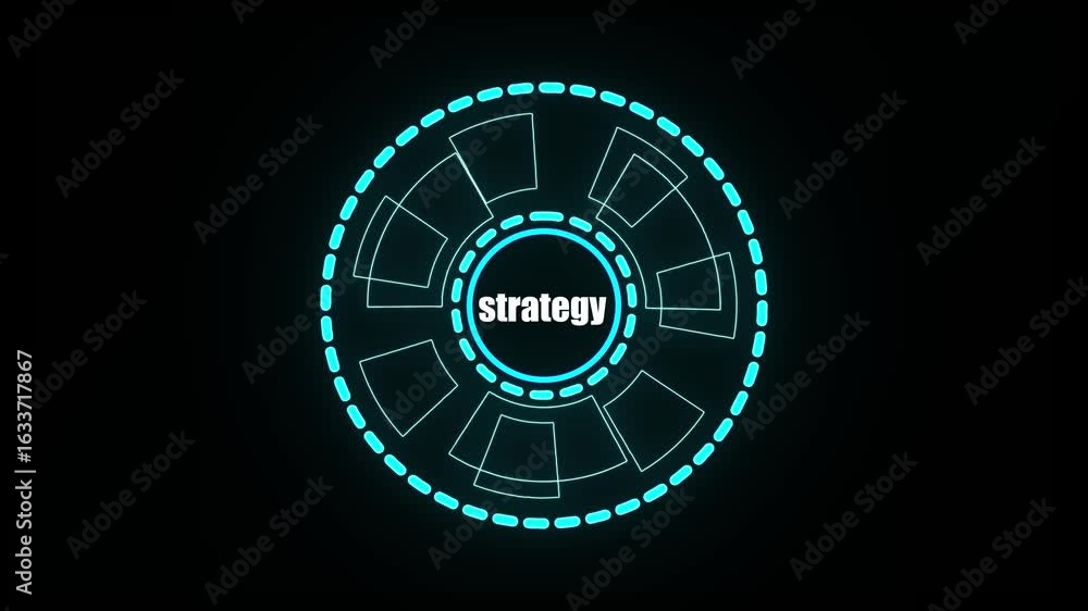Poster futuristic neon blue circular hud element with text strategy black background technology interface .
