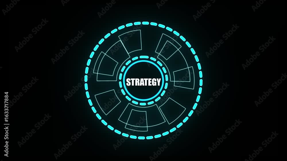 Poster futuristic neon blue circular hud element with text strategy on dark background technology interface