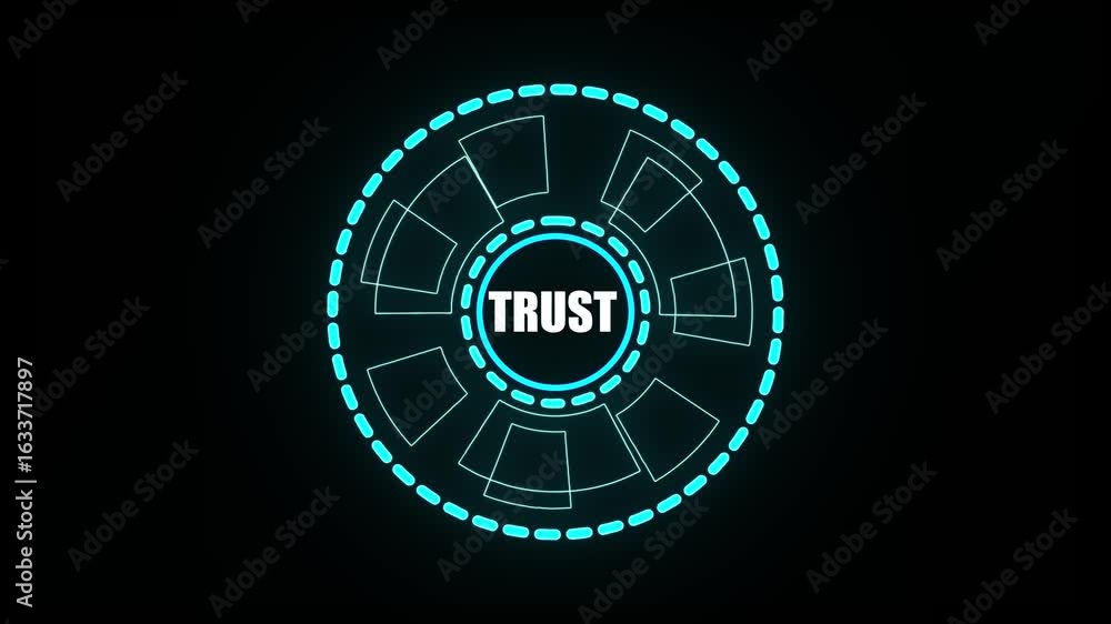 Poster futuristic neon blue circular hud element with text trust on dark background technology interface . 