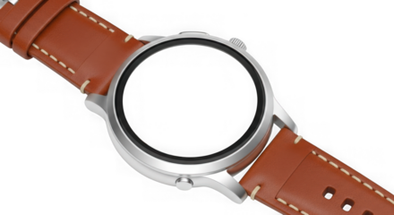 Close up of a modern smartwatch with a brown leather strap, showcasing its sleek design and advanced technology isolated on transparent background