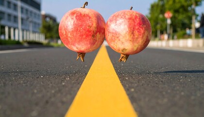 Pomegranates levitating on road