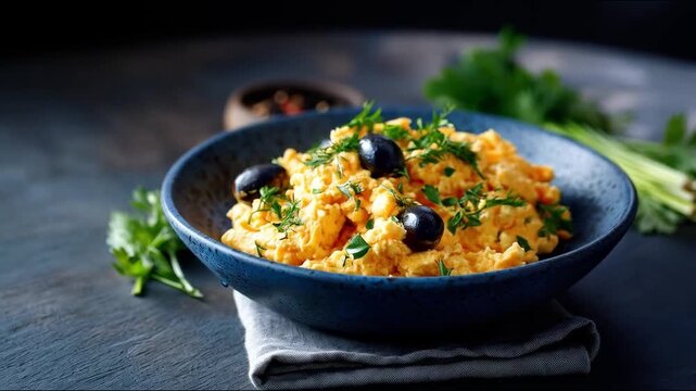 Portuguese Bacalhau &agrave; Br&aacute;s features shredded salted cod saut&eacute;ed with onions, straw potatoes, and scrambled eggs, beautifully garnished with parsley and olives. 4k video footage.