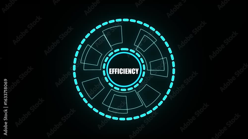 Poster futuristic neon blue circular hud element with the word efficiency in the center on a black backgrou