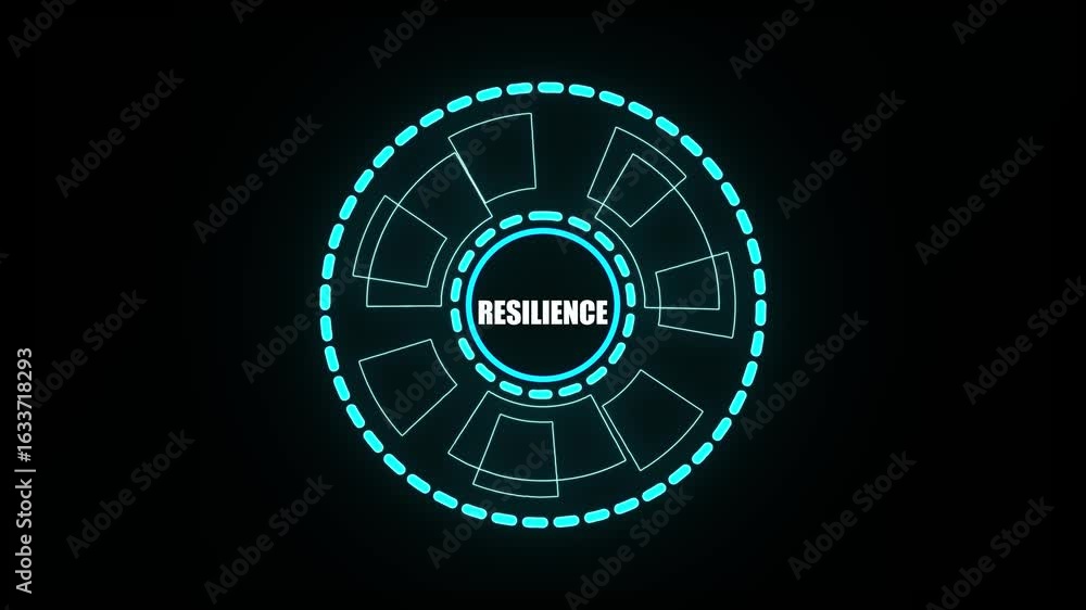 Poster futuristic neon blue circular hud element with the word resiience in the center on a black backgroun