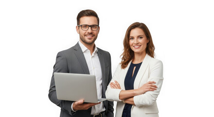 Professional business team with laptop smiling and posing in the office showing teamwork and success isolated on transparent background