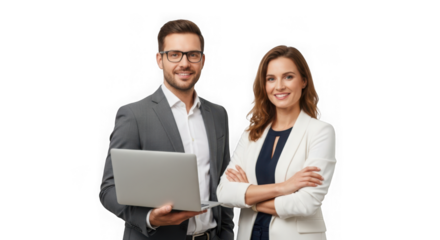 Professional business team with laptop smiling and posing in the office showing teamwork and success isolated on transparent background