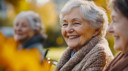 Happy elderly woman in a wheelchair spending time with friends outdoors in a garden. Smiling senior female enjoying nature in a nursing home garden. Old age sisterhood, Generative AI