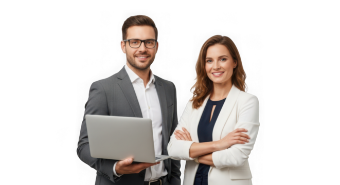 Professional business team with laptop smiling and posing in the office showing teamwork and success isolated on transparent background