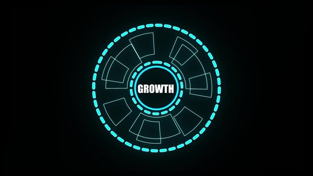 Futuristic Neon Cyan Circular HUD Element with Text grouth on Black Background technology interface . 4k video