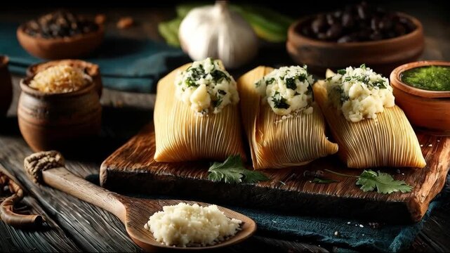 Traditional Mexican tamales made with soft masa dough and savory fillings, steamed in corn husks, then unwrapped and plated with mole or salsa drizzle. 4k video footage.