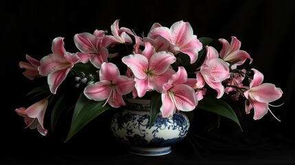 A blue and white vase holds a bouquet of pink lilies against a black background. © Kropotkin