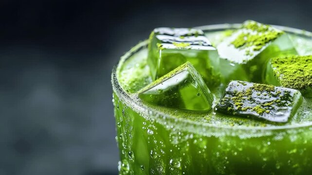 Iced Matcha Drink with Sparkling Ice Cubes in Macro Close-Up
