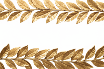 Golden laurel leaves arranged in a symmetrical pattern on a transparent background. The leaves are detailed and vibrant, showcasing a rich golden color.