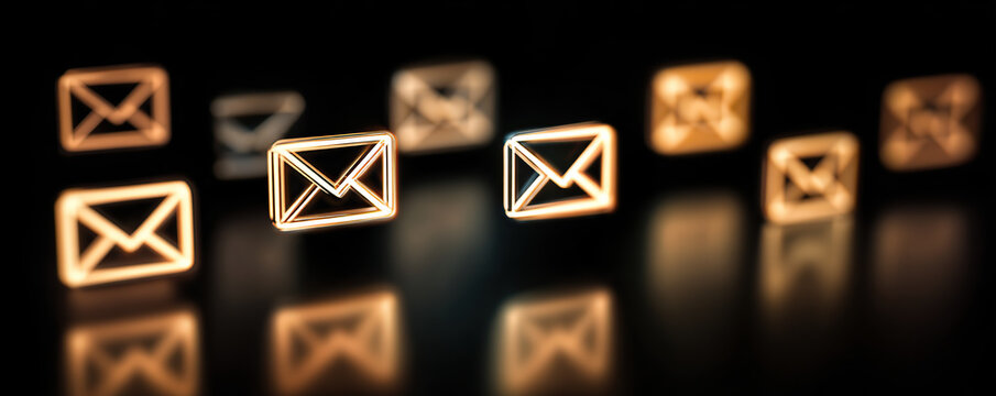 Neon envelope symbols illuminate a dark background, representing digital communication and messaging technology