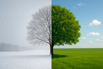 Transition between winter and spring with a vibrant tree showcasing its seasonal transformation in a lush green field under a clear blue sky