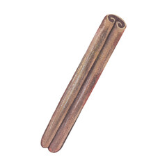 Cinnamon stick. Hand-painted watercolor illustration of spice isolated on white background for winter recipes, holiday drinks, festive decor, Christmas cards, seasonal packaging, cozy culinary designs
