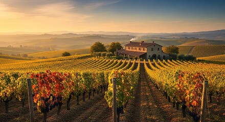 Vineyard rows lead to a building under a warm sky in a rural landscape.